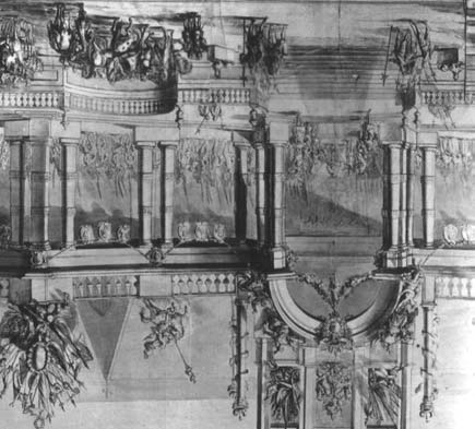 Architectuurtaal Tiater, ontwerp voor feestarchitectuur uit 1717 vader en zoon Van Baurscheit Jean Marot, Triomfpoort, 1670 Copyright IRPA-KIK Brussel, detail foto boven van tiater, tekening in:
