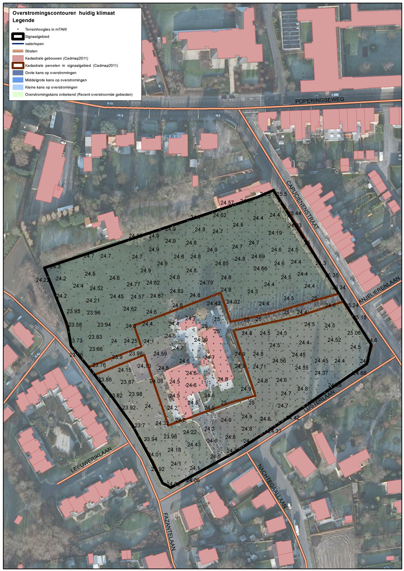Handleiding kaart: De weergave van de kadastrale gebouwen (Cadmap 2011), kadastrale percelen (Cadmap 2011), straten en waterlopen geven een situering van het signaalgebied.