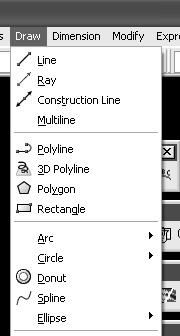 CAD-tekenen 1p 56 Hieronder is een pull-down menu van een CAD-programma afgebeeld. Met welk commando kan een 'boog' worden getekend?
