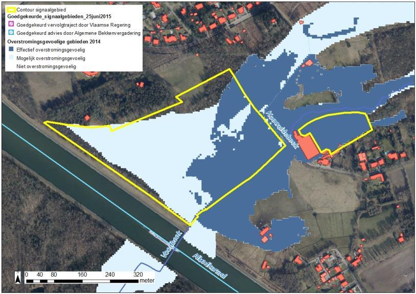 overstromingsgevoelige gebied. Er blijkt dus een veel ruimer gebied laag gelegen te zijn wat doet vermoeden dat eigenlijk ook het mogelijk overstromingsgevoelige gebied onder water kan komen te staan.