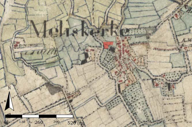 Afb.3: Locatie plangebied [rood] en nabije omgeving begin 19 e eeuw op een kaart uitgegeven rond 1810. Let op: De schaal is niet exact! (Bron: Wat was waar, 2014) Afb.