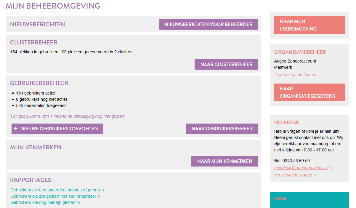 2.4 Werken in de beheeromgeving (Stap 7) Je komt in je beheeromgeving via de link www.augeo.nl/mijn-beheeromgeving of door in te loggen via het lichtgroene menu bovenin.