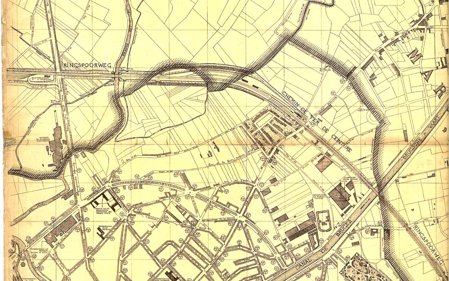 Kaart van 1912 De ringspoorweg is verdwenen door de Ringvaart Textielfabriek Alsberge- Van Oost Brugse poort wijk Ook hier is de Leie al lang