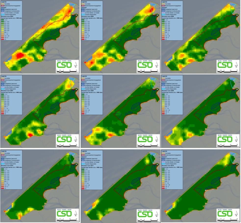 Figuur 8 Aantal keren bevist per weergegeven periode (= een jaar) van boomkorkotters >260pk (boven) en garnalenkotters (onder), op basis van VMS