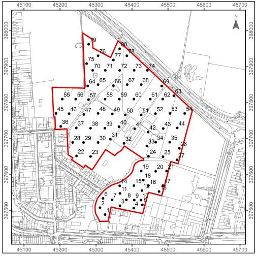 Afbeelding 17. Boorpunten geprojecteerd op de topografische ondergrond van Kortgene (GBKN). Schaal 1:5.000.