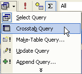 Queries CROSSTAB QUERY Een cross-tab query laat toe om records te groeperen volgens twee gegevens en het resultaat weer te geven in de vorm van een tabel met twee invoeren.