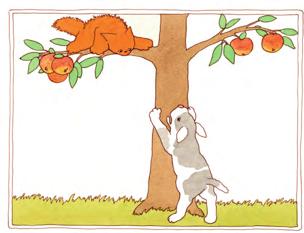 Appelboom Een grote hond wil Dikkie Dik pakken. Dikkie Dik klimt vlug in de appelboom.