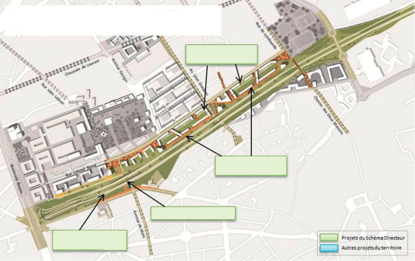 Afbeelding 17: Herinrichting van de E40 - Parkway van Brussel - Indicatief overzichtsplan Omvorming van de kantoren tot woningen Nieuwe laan van de 'Parkway' Wat de herinrichting van de E40 betreft,
