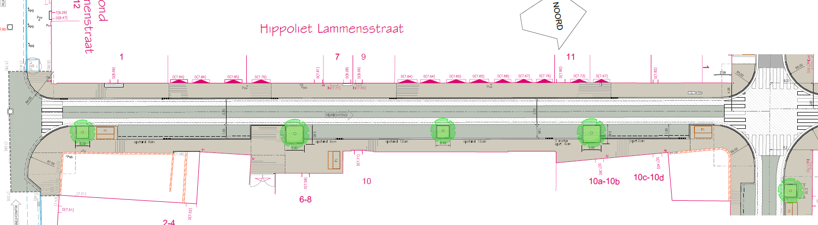 H. Lammensstraat (deel 1) : ontwerp Kant Edmond Boonenstraat Ontwerp voor de Hippoliet Lammensstraat (deel tussen de Edmond Boonenstraat en Mathias Gesweinstraat) Aangename brede voetpaden Rijweg in