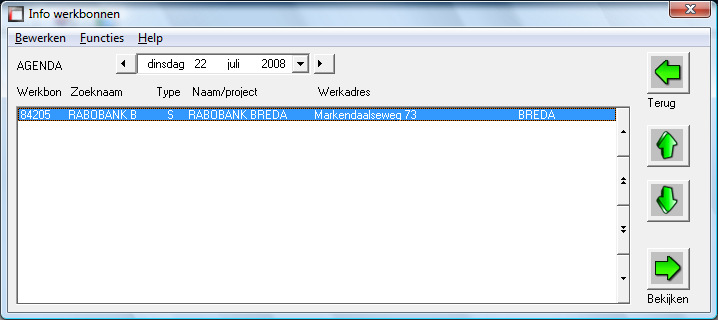 6. Opdrachten Als je in de agenda bent, zie je een overzicht van de geplande werkbonnen van de huidige datum. Je kunt deze gegevens alleen raadplegen, niet wijzigen.