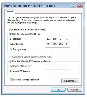 Configureer nu het IP-adres en het Subnetmasker van de pc waarmee u de configuratie uitvoert. Gebruik hiervoor de volgende gegevens: IP-adres: 192.168.0.xxx (1-254) Subnetmasker: 255.