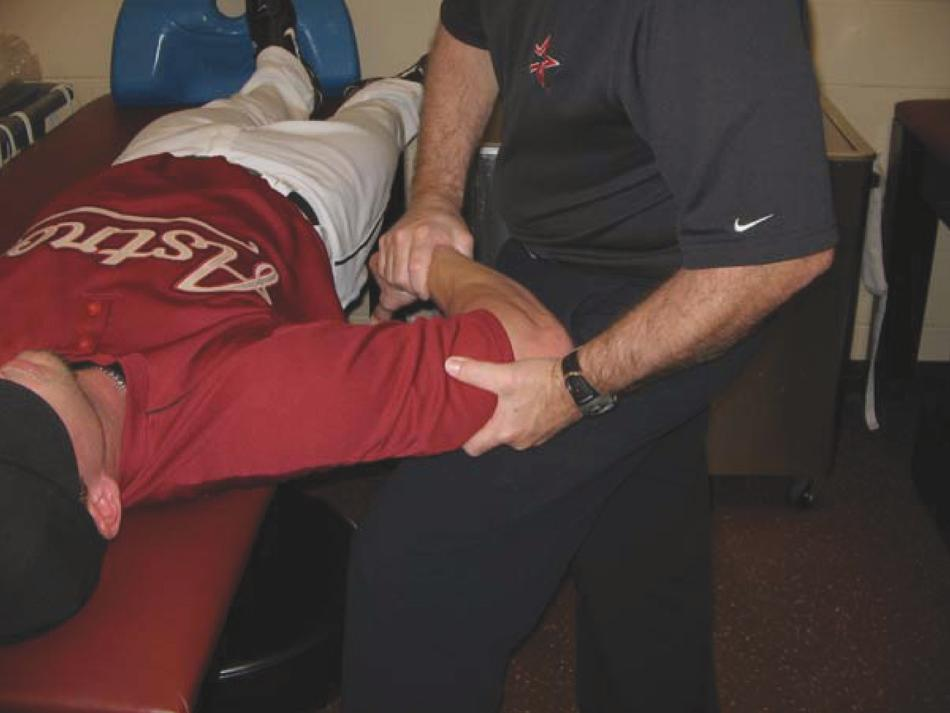 Position 2. Supine, shoulder abducted to 90 deg and elbow flexed to 90 deg (90/90 position). Distal arm rests on athletic trainer s thigh for support parallel to floor.