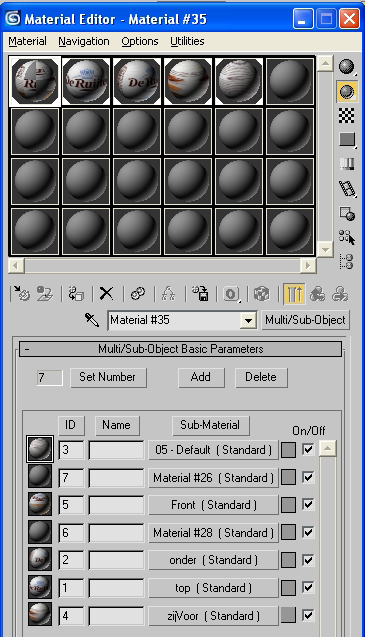 Selecteer het materiaal bolletje links bovenin. Klik op het Pipet icoontje Pick Material from Object in de Material Editor. De cursor verandert in een pipet.