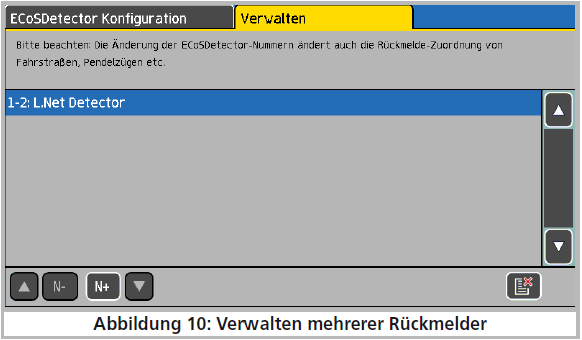 ECoSDetectoren. Hiertoe worden elk 16 terugmelders(ingangen) gecombineerd om een virtuele ECoSDetector te vormen (zie afbeelding 9). a) Knop "Toevoegen". b) Knop "Wissen".