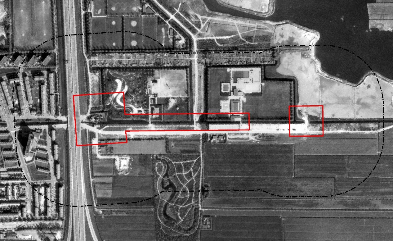 Afb.10.- Situatie d.d.1961. Rood omlijnd: onderzoeksgebied. Zwart omlijnd: analysegebied. Afb.11.- Situatie d.d.1971.