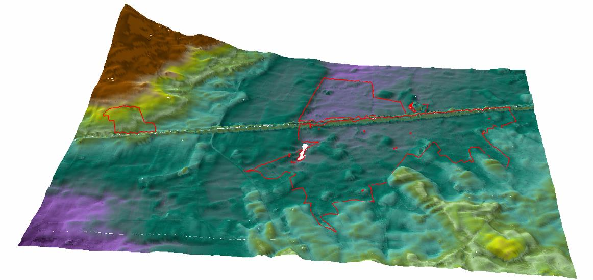 Figuur 5.6. Ligging N2000-gebied in 3D op regionaal niveau (bruin is hooggelegen, paars geeft de laaggelegen gebieden aan).