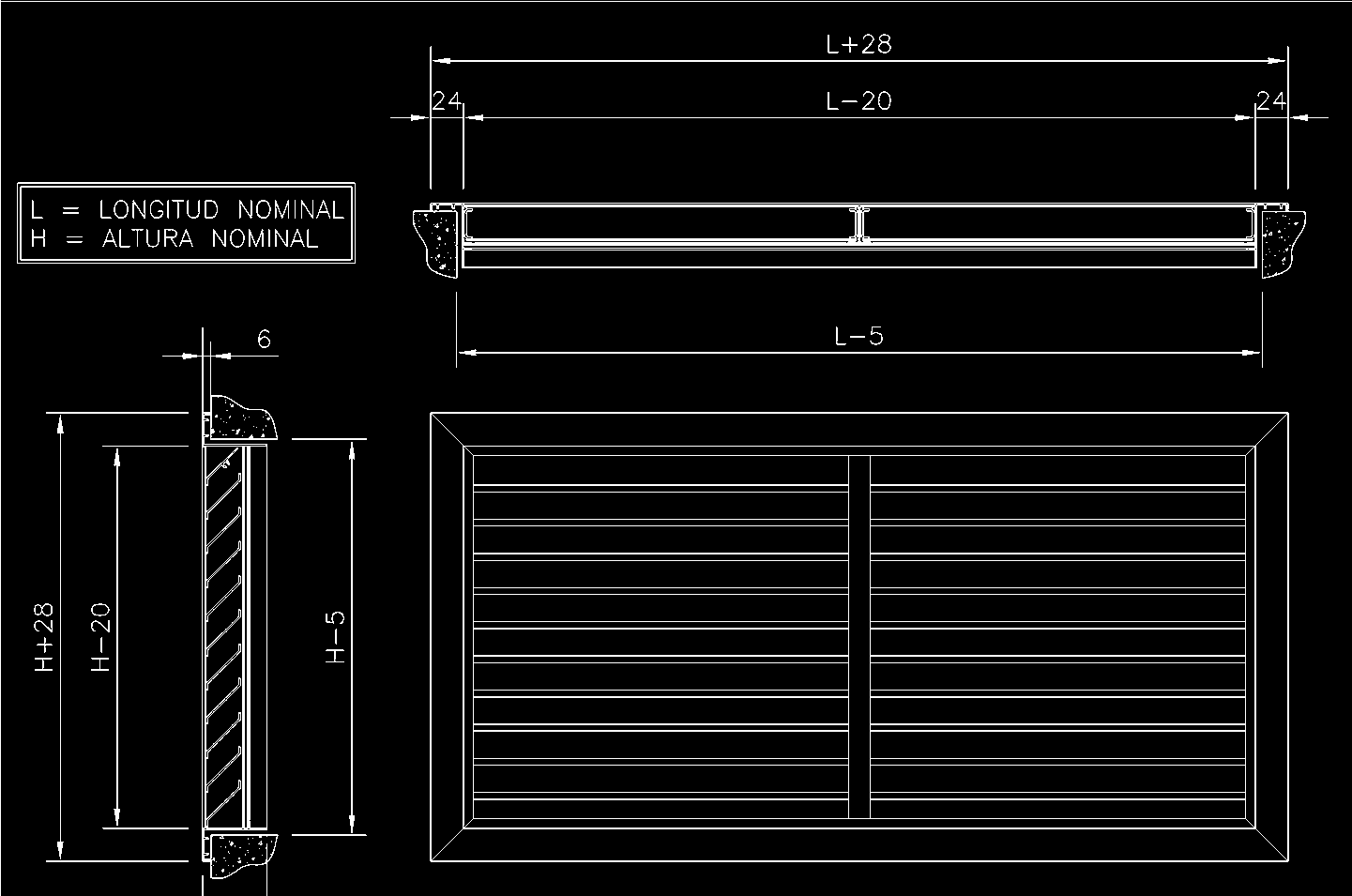 25-H retourrooster met louvres Afmetingen L = nominale lengte H = nominale hoogte retourrooster voor inlaat of luchtafvoer voorzien van vaste horizontale of verticale lamellen onder een hoek van 45