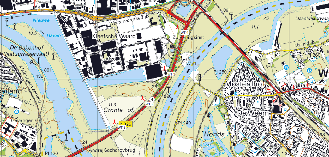 Figuur 2a: Globaal overzicht locaties turbines 1 t/m 4 (rood) Figuur 2b: Gedetailleerd