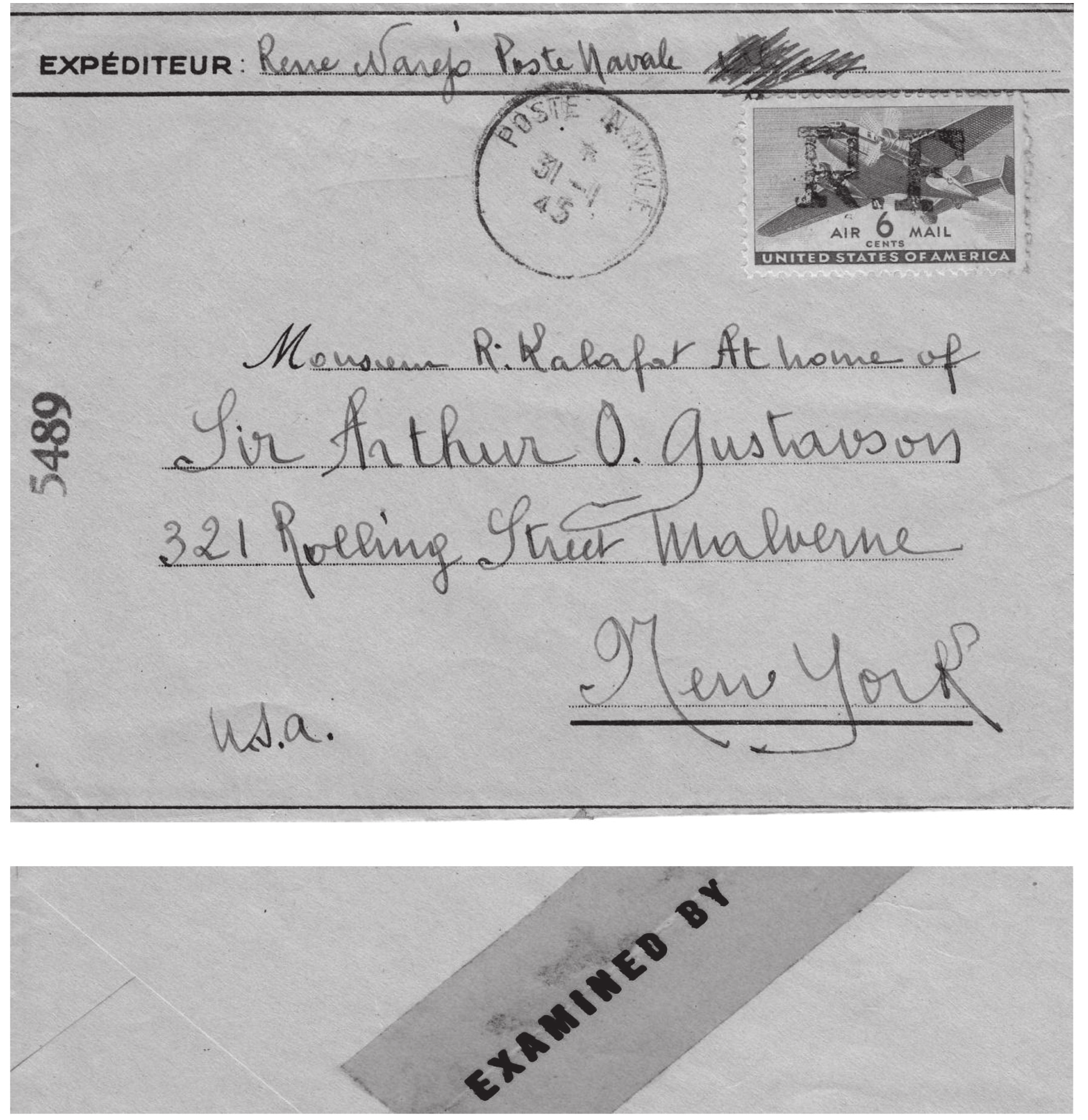 Amerikaanse 6 cts vliegzegel, voorzien van de opdruk R.F. Peter Raetsen Voor en achterzijde van een brief van Algiers Noord- Afrika naar New York, 31 jan. 1945.
