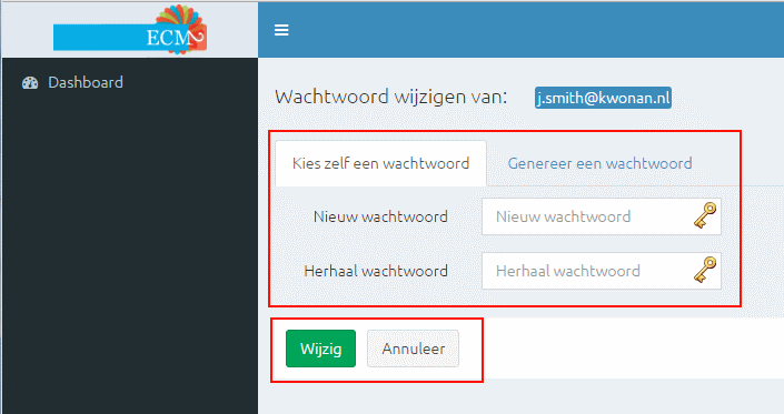 Wachtwoorden beheren Wil je het wachtwoord veranderen van een gebruiker? Ga dan naar de tab 'Persoonsgegevens' van de gebruiker en klik op de blauwe knop 'Wachtwoord wijzigen'.