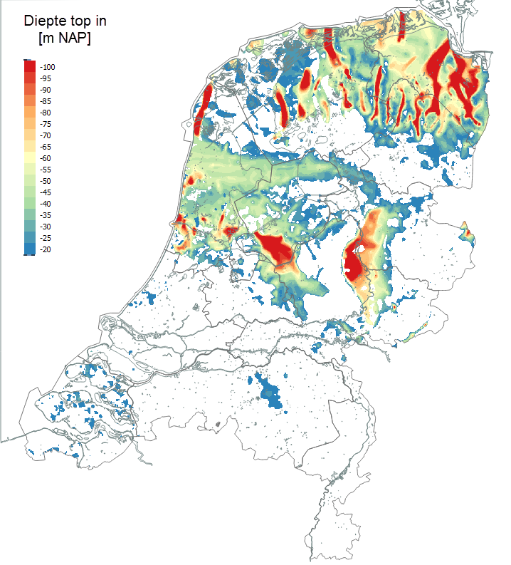 6.3 Kaart onderzijde glaciale formaties Op basis van gegevens van TNO is de onderzijde van de glaciale afzettingen in Nederland gekarteerd.