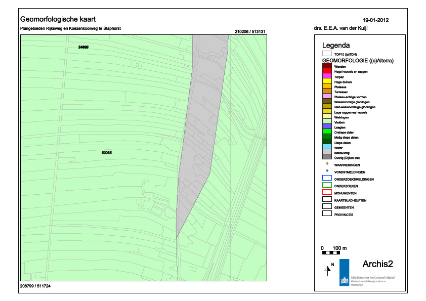 Project Kenmerk : Bureauonderzoek Plangebieden Oude Rijksweg en Koezenkooiweg te Rouveen : EKU/DIR/HAMA/2011093 Afb. 3;. Uitsnede uit de geomorfologische kaart.