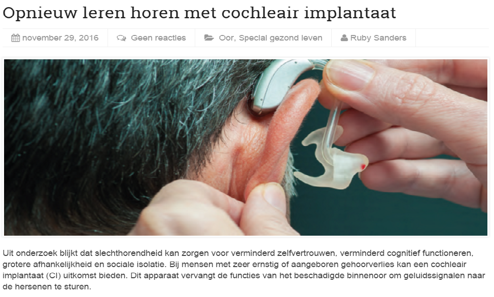 Mijn gezondheidsgids interviewt Leo De Raeve over Opnieuw leren horen met een cochleair implantaat Het Nederlandse (online) Kennisplatform "Mijn Gezondheidsgids"" heeft op maandag 12 december 2016