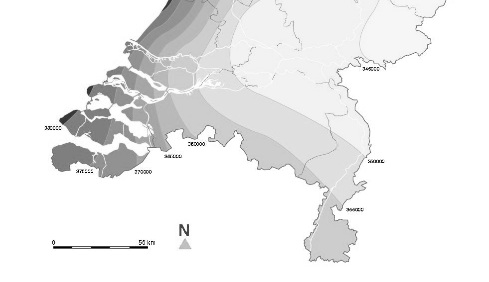 Figuur 5: Jaarlijkse gemiddelde globale stralingssom (in J cm-2) voor Nederland afgeleid uit pyranometer metingen.