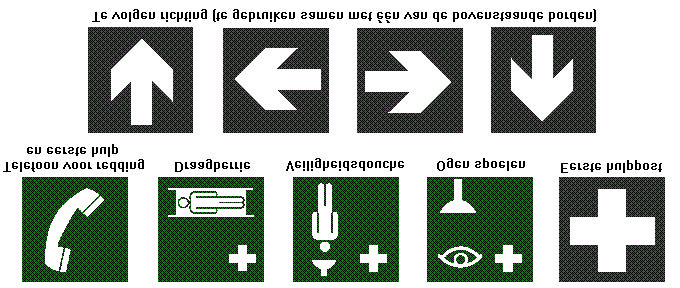 Blz. 15 Dit wil dus zeggen dat het traditioneel Belgische pictogram «uitgang» (wit vierkant met een witte pijl naar buiten gericht op groene achtergrond) voortaan niet meer gebruikt zal kunnen worden