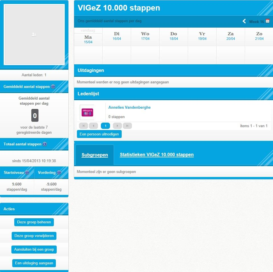 Een nieuwe groep aanmaken 14 9. Op de groepspagina kan u de gegevens van de groep volgen. Groepsleden die geen stappen ingeven brengen het groepsgemiddelde niet omlaag.
