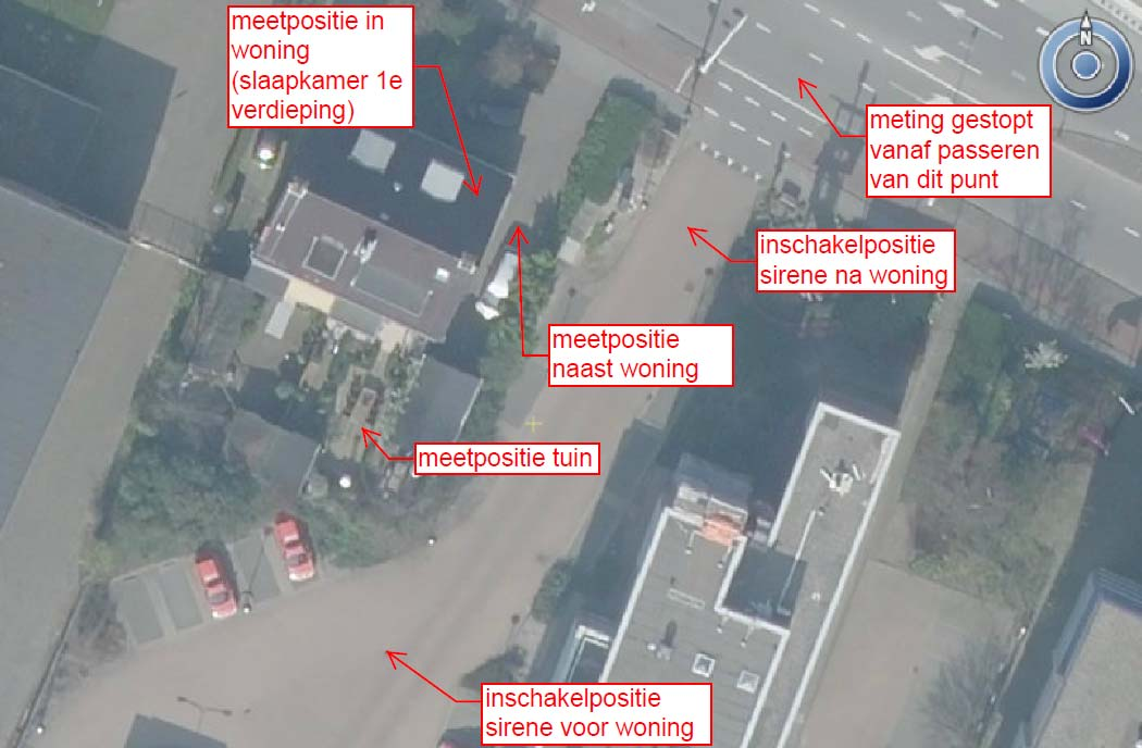 Figuur 3.1 Overzicht meetpositites en inschakelposities sirenes Er heeft verder een indicatieve bouwkundige opname van de woning Zijlweg 212 plaatsgevonden.