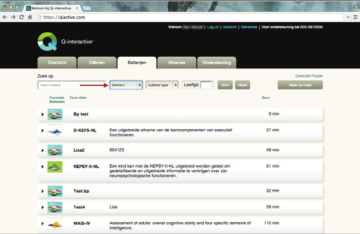 Zoeken naar subtests Bovenaan het tabblad Batterijen kunt u zoeken naar een specifieke subtest.