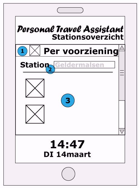 Wireframe #7 PTA stations overzicht per voorziening 1.. Hier staat een tekstvak met een plaatje en de tekst per station dit is gewoon informatief ter herinnering waar je zit. 2.
