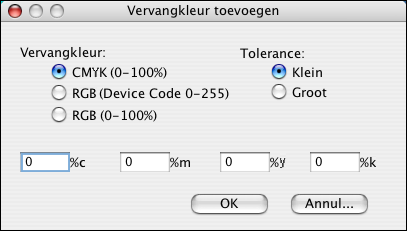 SPOT-ON 75 Dialoogvenster Vervangkleur U kunt de kleurmodus en het tolerantiebereik voor een vervangkleur definiëren in het dialoogvenster Vervangkleur toevoegen of Vervangkleur hernoemen.