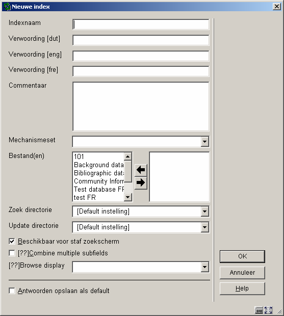 In AFO 151 -> Indexen klikt u op het pictogram Nieuwe index. Een dialoogvenster verschijnt waarin u definieert hoe de index moet worden opgebouwd.