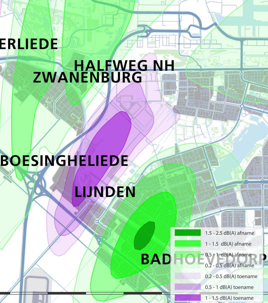 Detailkaart effecten geluidbelasting L den Lijnden/ Badhoevedorp (100% NADP2, 510K) B Toename EGH Afname EGH Per saldo Haarlemmerweg A dam- Geuzenveld/ Slotermeer Lijnden +14-1 +13 Boesingheliede 0-1