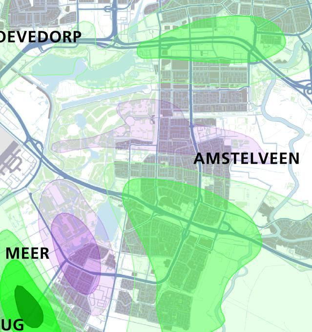 Detailkaart effecten geluidbelasting L den Amstelveen (100% NADP2, 510K) Zuidas - 0,5 db(a) C Kalfjeslaan Amsterdam - Buitenveldert Amstelveen - Randwijck Toename EGH Afname EGH Per saldo