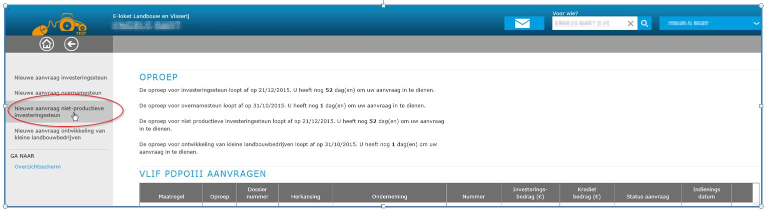 Nieuwe aanvraag niet productieve investeringssteun Op het welkomstscherm wordt u