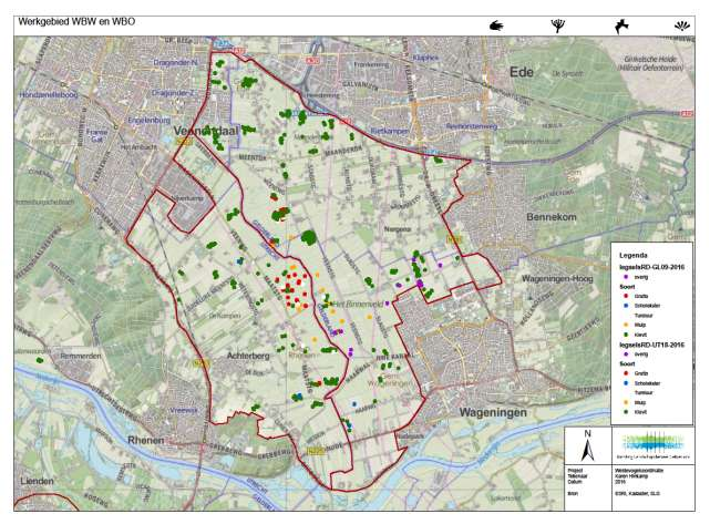 De tabel en onderstaande kaart geven een beeld van de huidige populatie weidevogels. Op basis van deze cijfers kan in Het Binnenveld met recht worden gepleit voor het begrip weidevogelkerngebied.