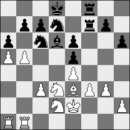 Wit dreigt nu allerlei dingen, bijvoorbeeld Le4 of g4. 17...c5 Een interessante poging om er tactisch uit te komen. 18.bxc5 Lxc5 19.Lxc5 Tc8 20.Tb1 Pd6 20...Kf7 21.Lb5 (21.Lxf5!