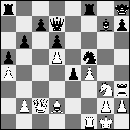 blijkt een lastig ding, die witveldige loper. In de partij staat het paard nu volledig buitenspel en wit kan gewoon e3 ophalen. 31. Df4+ Dxf4 32. gxf4 Lf5 33. Te1 Kb6 34. Tg3 Te4 35. Texe3 Td4 36.