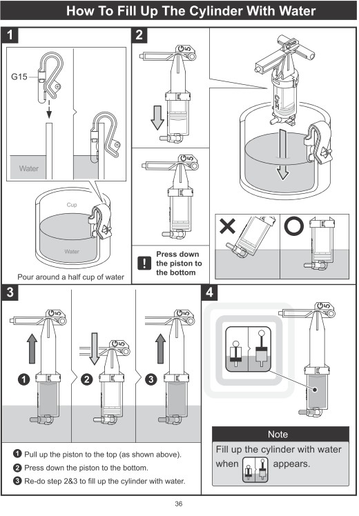 Hoe de cilinder met water vullen Vul een half kopje water Duw de zuiger omlaag. 1. Trek de zuiger omhoog (zie boven). 2.