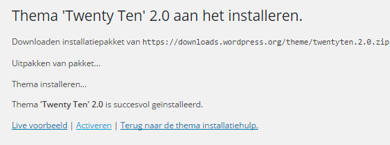 Klik vervolgens bij het thema dat je wilt op Installeren Je komt dan op de installatiepagina. Je zou dan direct kunnen klikken op Activeren. Je gratis WordPress thema is nu geinstalleerd.