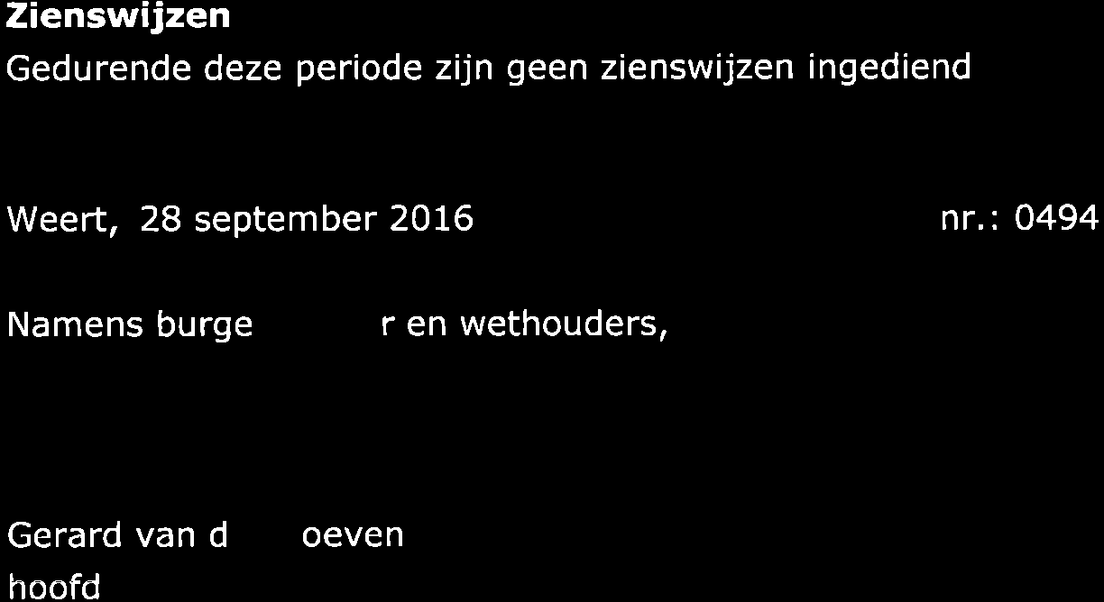Zienswijzen Gedurende deze periode zijn geen zienswijzen ingediend Weert, 28 september 2016 nr.