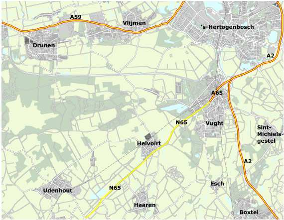 Figuur 3.2 Ligging A65/N65 in de regio De weg bestaat uit 2x2 rijstroken en ontsluit naast Vught onder andere ook de kernen Helvoirt, Haaren, Biezenmortel, Udenhout en Oisterwijk.