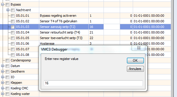 Door te klikken op een register kan je de waarde wijzigen. Voor informatie over de verschillende functies en instellingen kunt u de handleiding VMC Next raadplegen. 5.1 