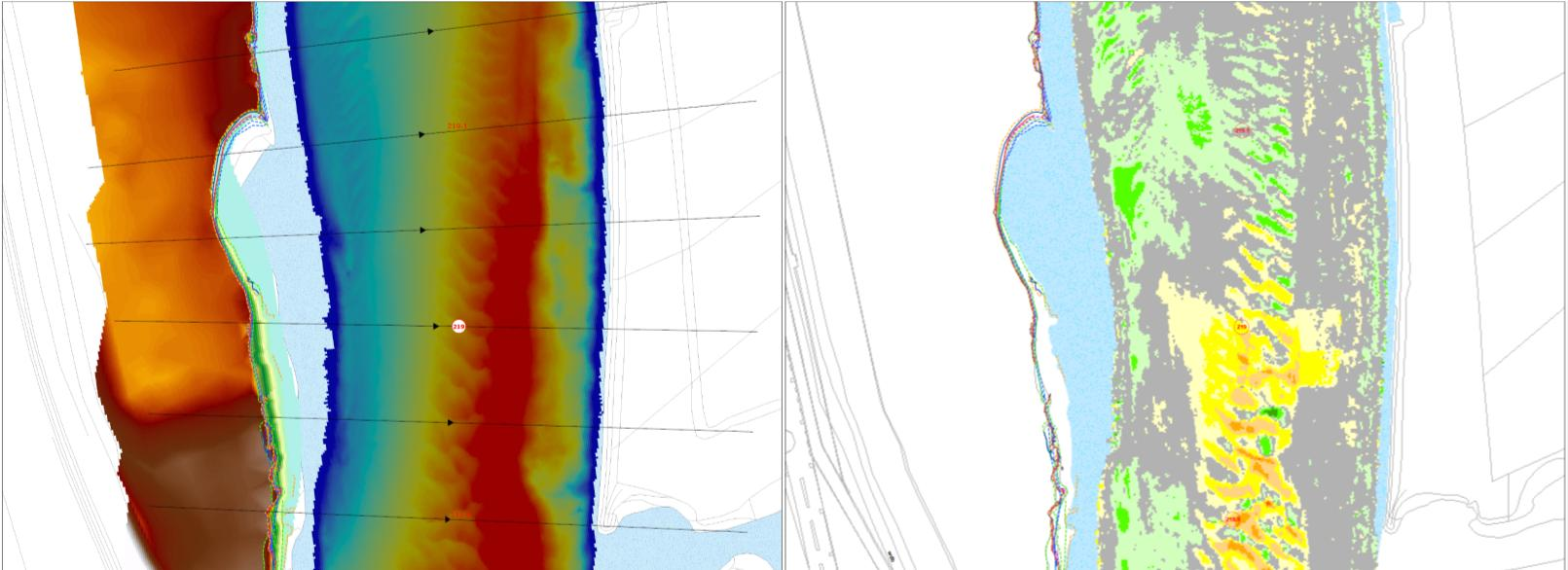 Figuur 3.66. Bodemligging en steilranden op de locatie Oude Schans in 2013 (links). Rechts een verschilkaart tussen de jaren 2012 en 2013. Blauw = erosie; Rood = sedimentatie.