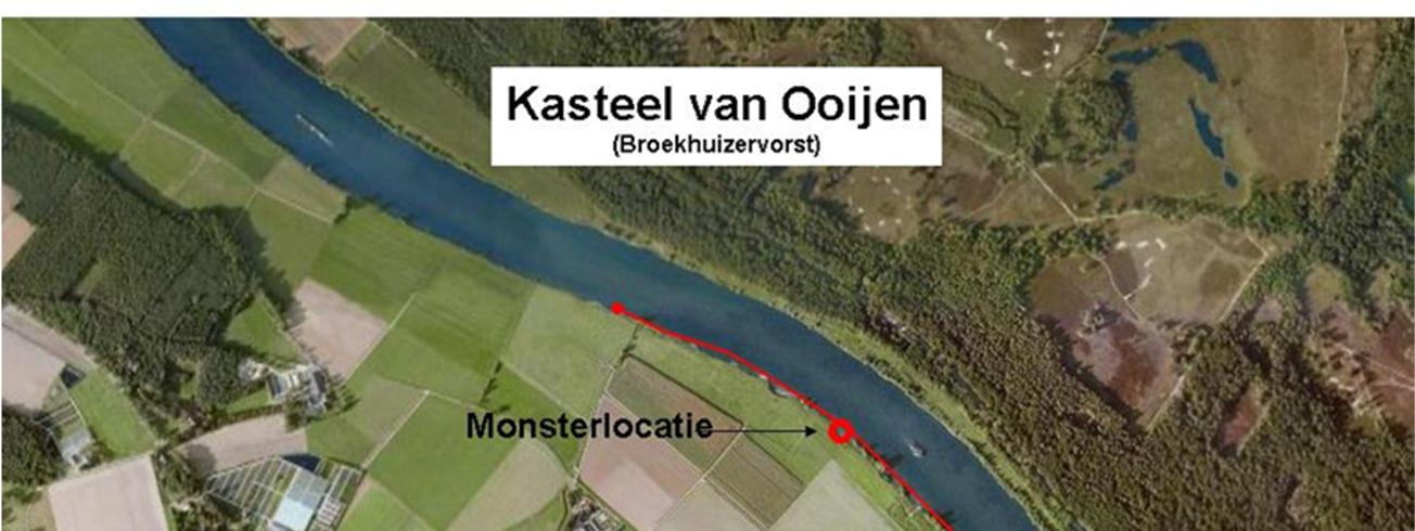 Figuur 3.19 Luchtfoto met diepte verschilkaart van Broekhuizen. Blauw = erosie; Rood = sedimentatie. 3.4 Maasoever bij het kasteel van Ooijen Deze locatie is tussen km 125 en km 126,9 gelegen (Figuur 3.