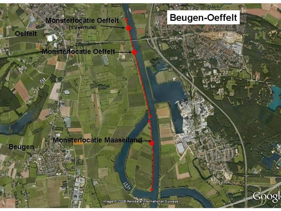 3.5 Maasoever tussen Beugen en Oeffelt Dit traject ligt tussen km 151,9 en km 155,1 en is daarmee 3,2 km lang (Figuur 3.27). Het traject begint op het Maaseiland en eindigt bij Oeffelt.