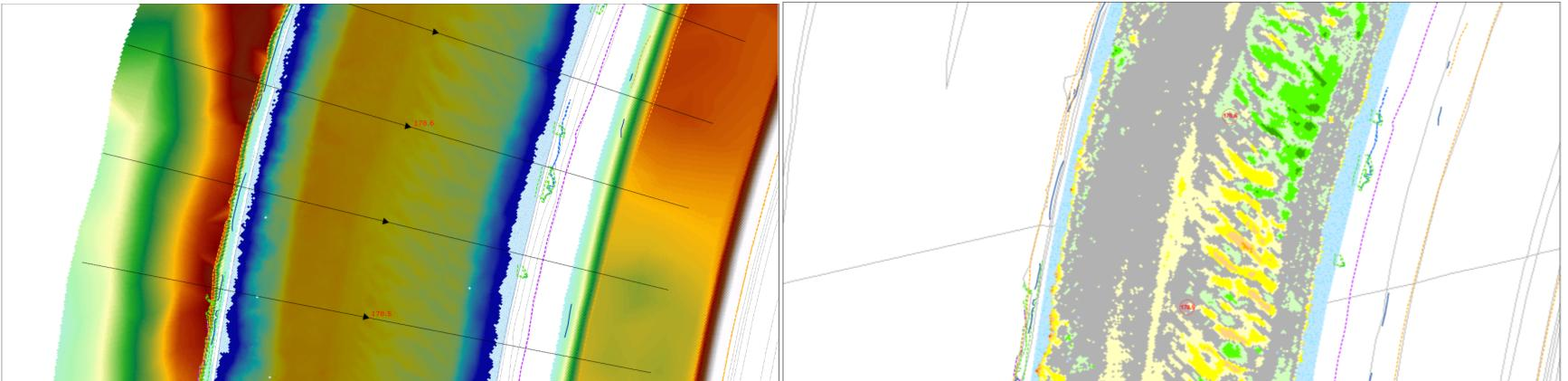 Bodemprofielen en steilrand In Figuur 3.37 links is de bodemligging in 2013 weergegeven. Dit is slechts een deel van het gehele oevertraject.